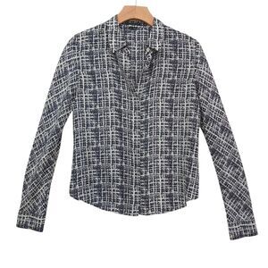 Theory Blouse Shirt Womens Small Black Silk Long Sleeve Hidden Button Abstract